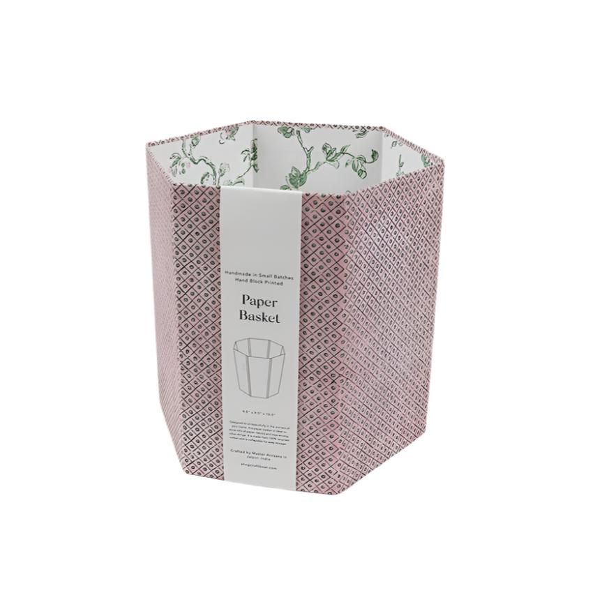 Hexagon Collapsible Basket: Green and Pink Block Print