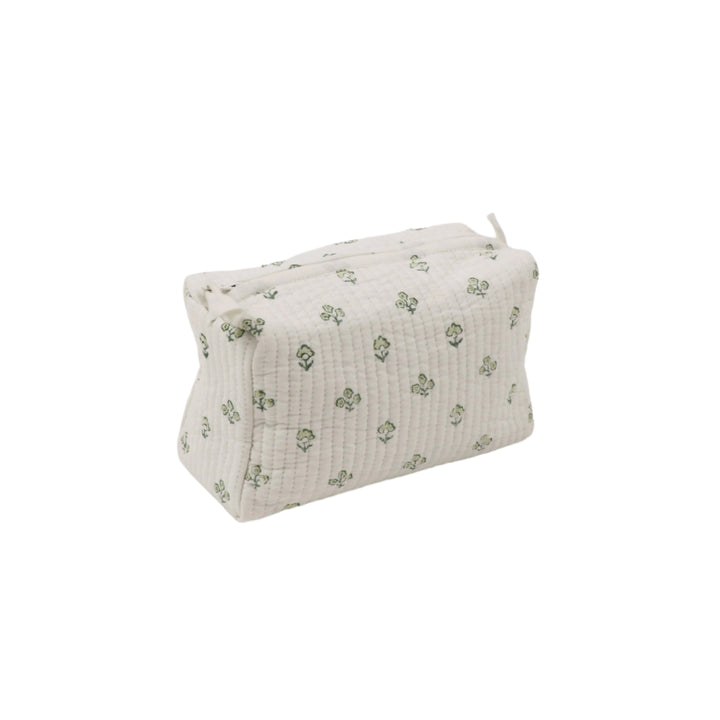 Quilted Toiletry Pouch: Green Flowers