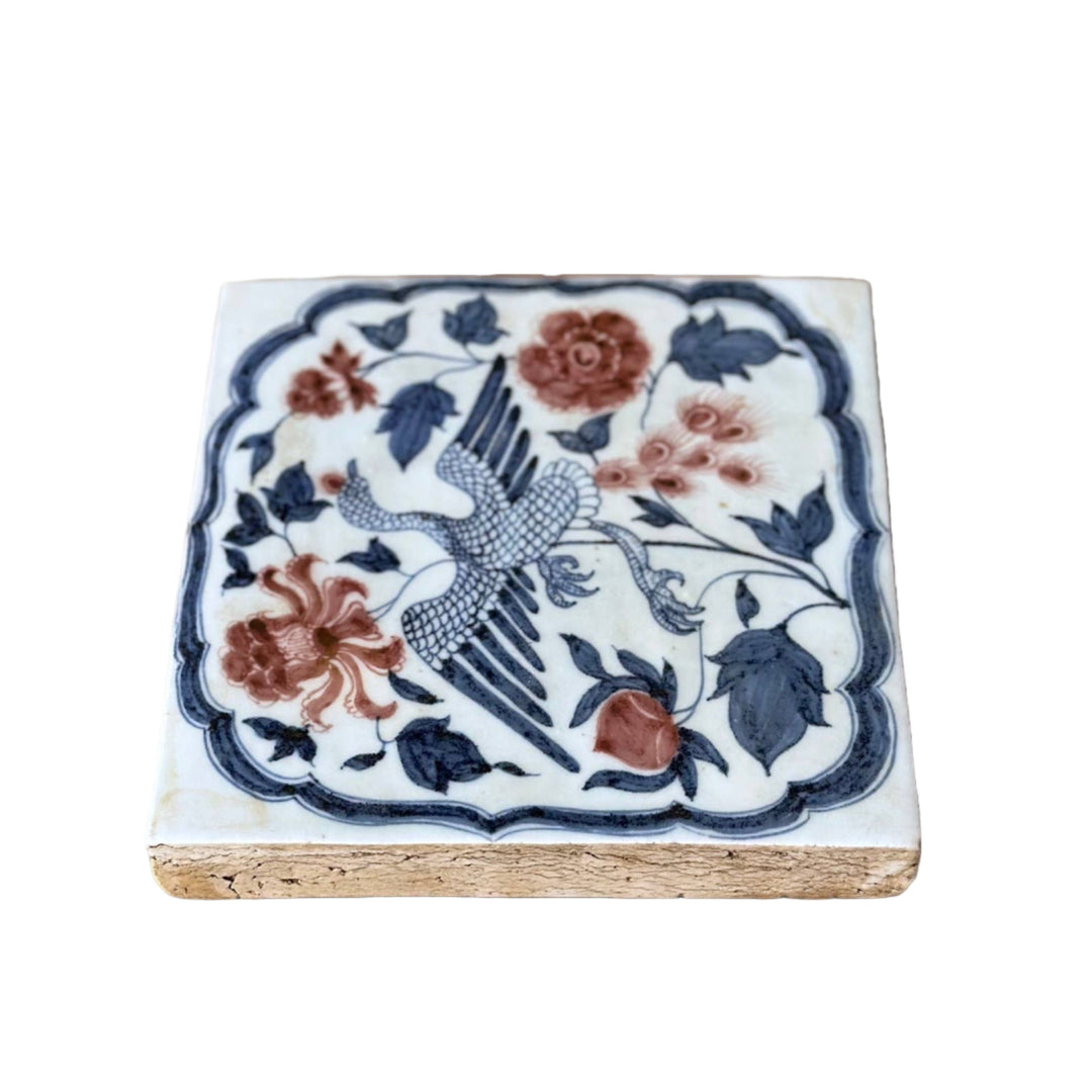 Hand Painted Porcelain Blue and Red Phoenix Tile