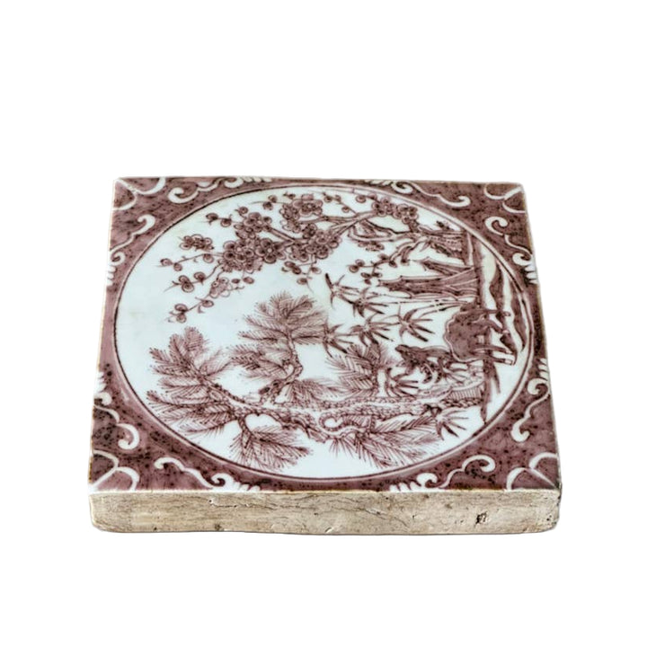 Hand Painted Porcelain Red and White Auspicious Deer Tile