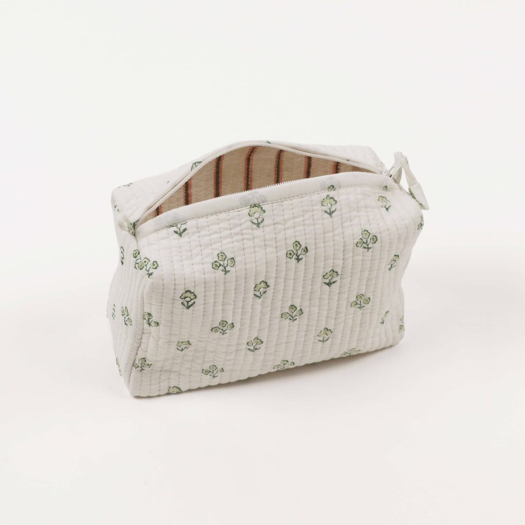 Quilted Toiletry Pouch: Green Flowers