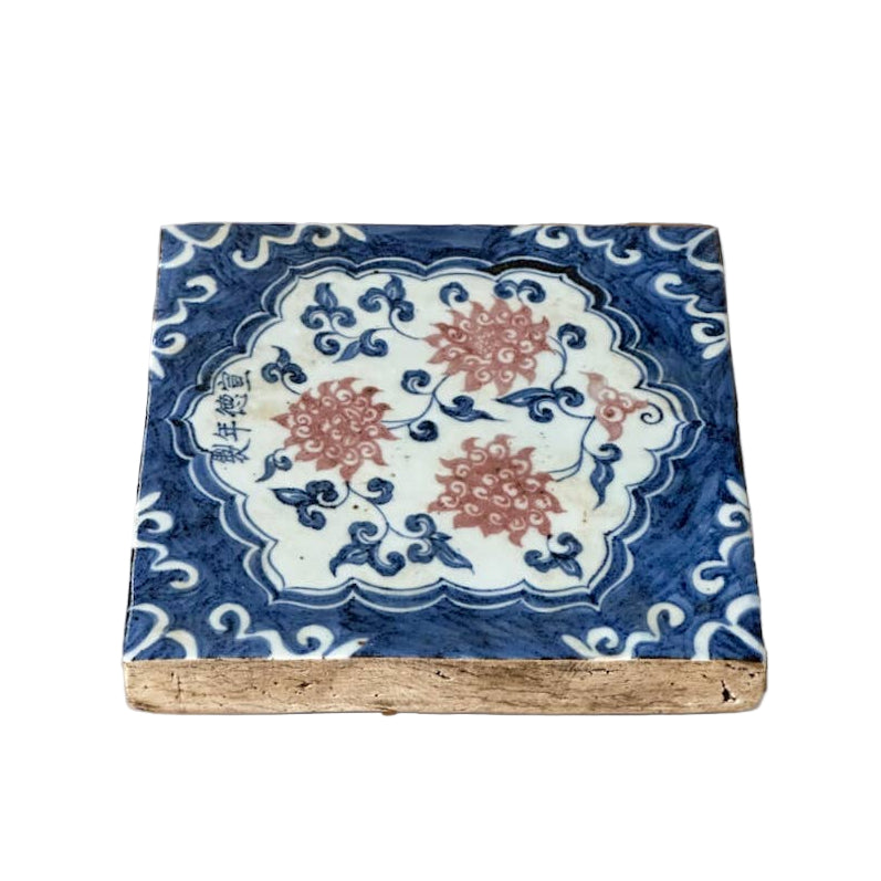 Hand Painted Porcelain Blue and Red Chrysanthemum Tile
