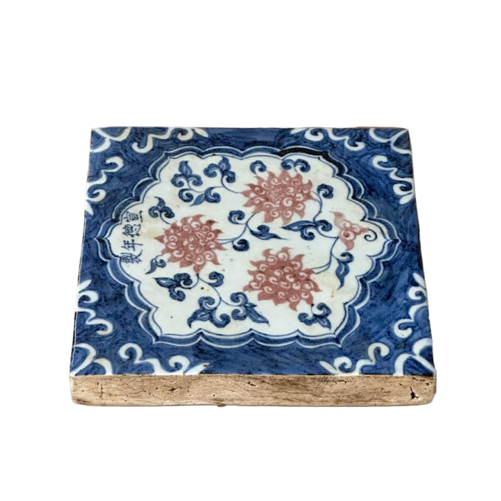 Hand Painted Porcelain Blue and Red Chrysanthemum Tile