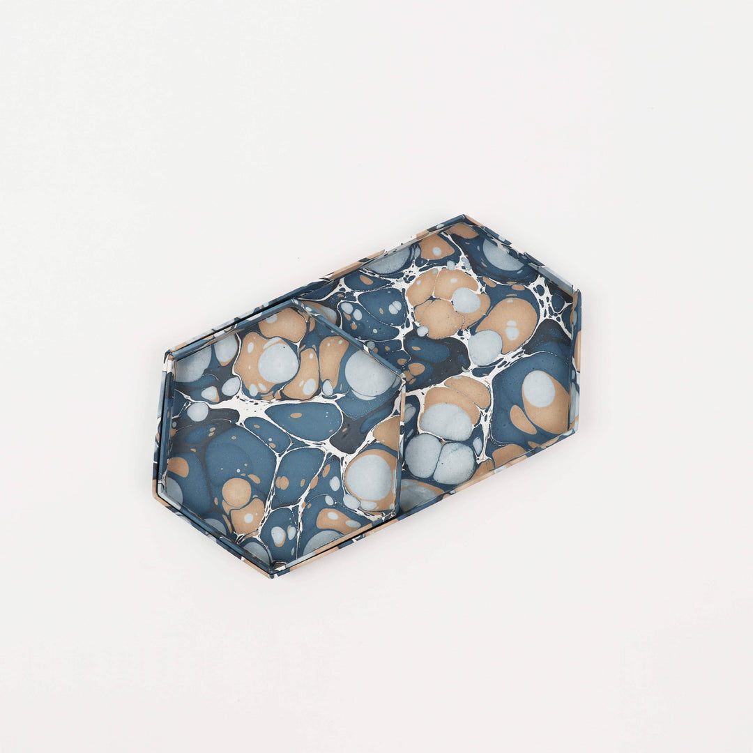 Hexagon Tray Set: Blue Marbled Paper