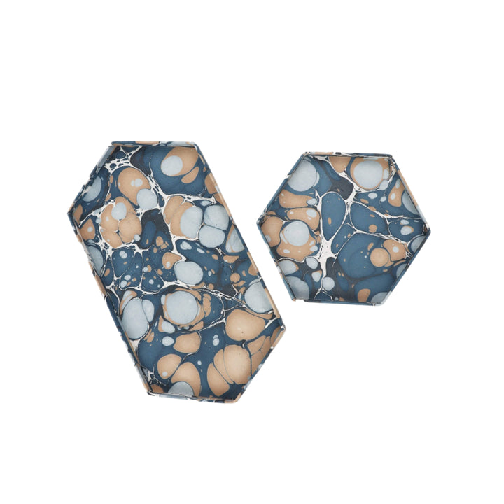 Hexagon Tray Set: Blue Marbled Paper