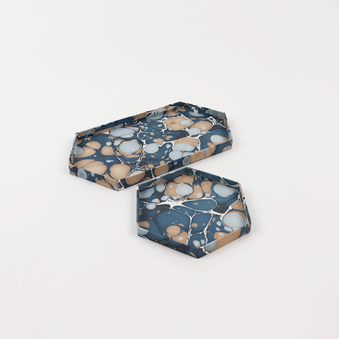 Hexagon Tray Set: Blue Marbled Paper