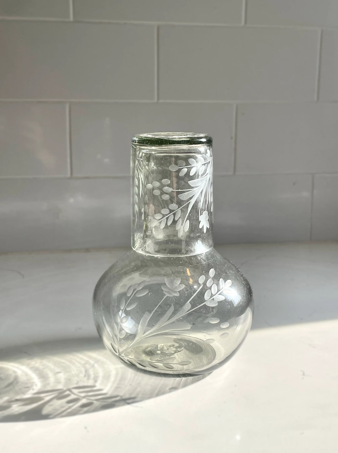 Hand Blown and Floral Etched Carafe Set
