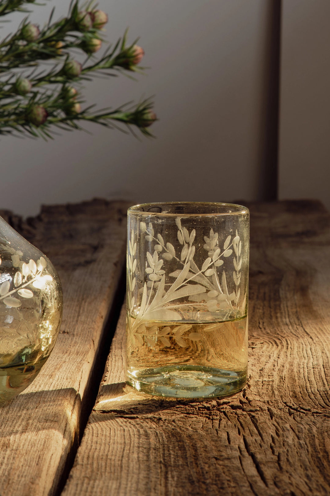 Hand Blown and Floral Etched Carafe Set