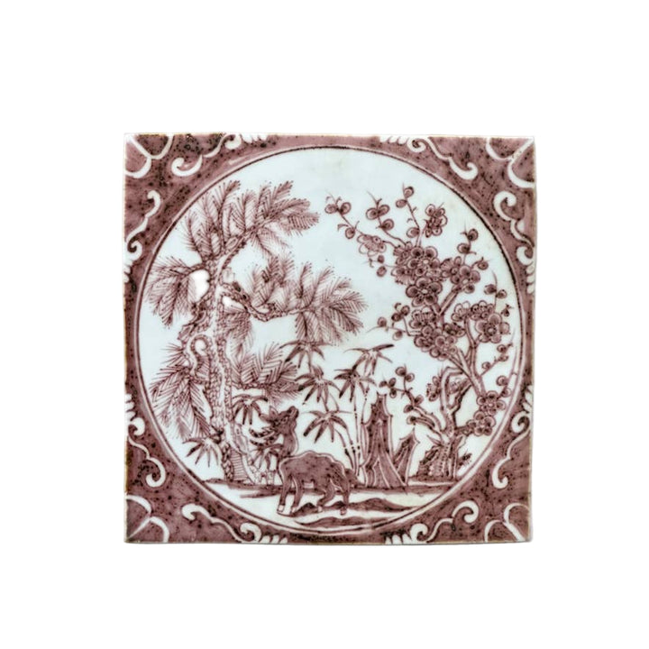 Hand Painted Porcelain Red and White Auspicious Deer Tile