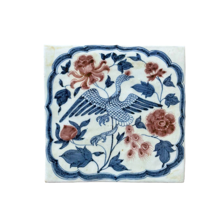 Hand Painted Porcelain Blue and Red Phoenix Tile