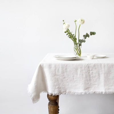 Linen Tablecloth with Fringes in White
